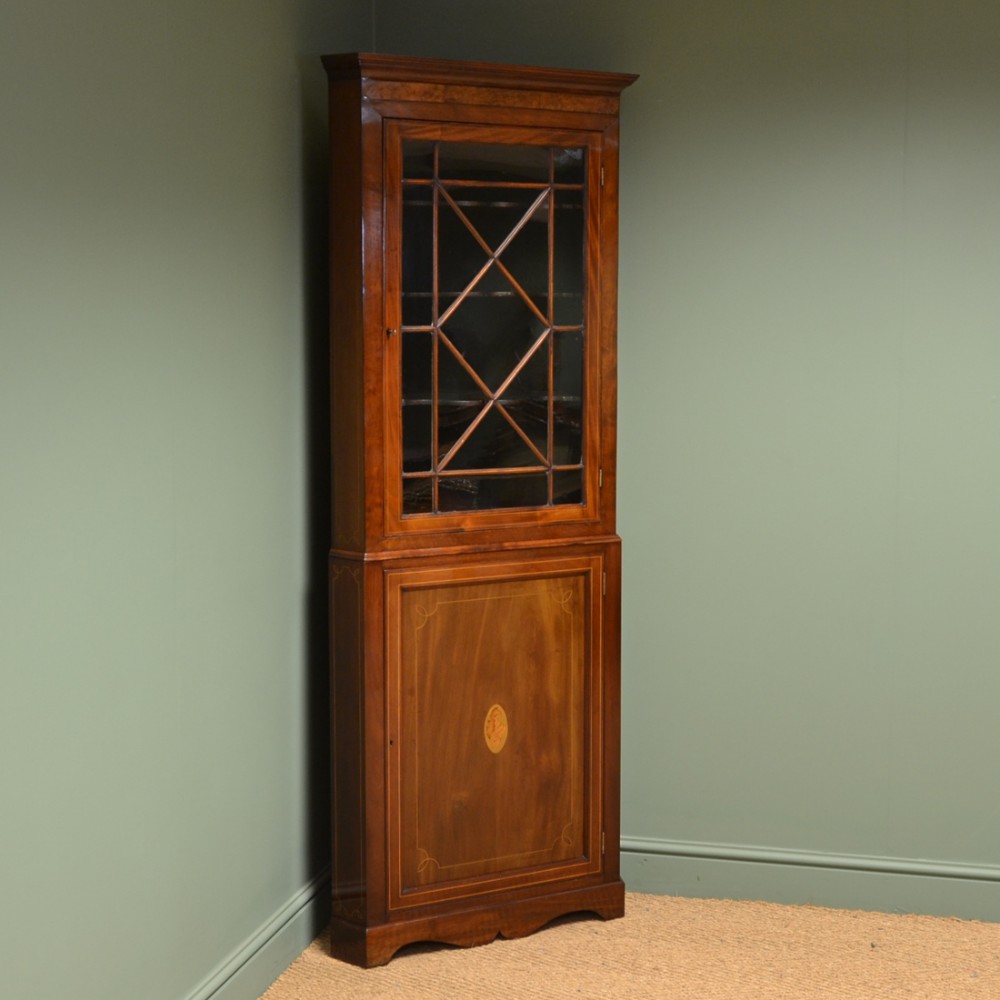 Spectacular Inlaid Mahogany Floor Standing Edwardian Antique Glazed Corner Cupboard
