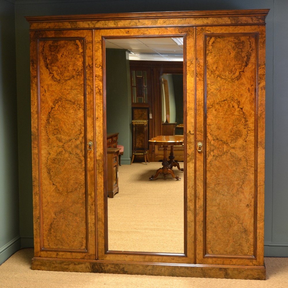 Magnificent Victorian Burr Walnut Antique Triple Wardrobe of Large Proportions