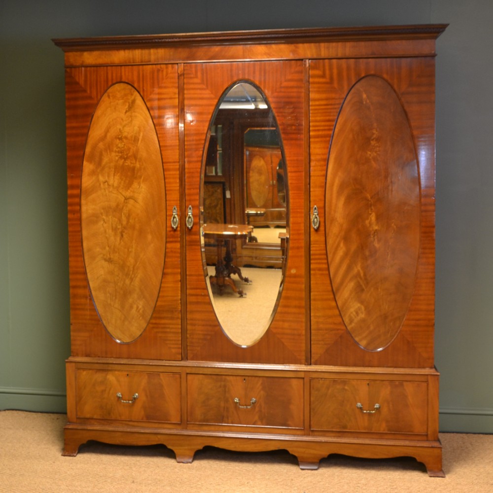 Edwardian Figured Mahogany Antique Triple Wardrobe 