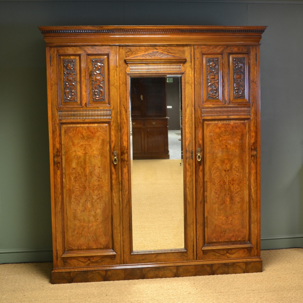 Striking Victorian Figured Burr Walnut Antique Triple Wardrobe By Philips & Jones