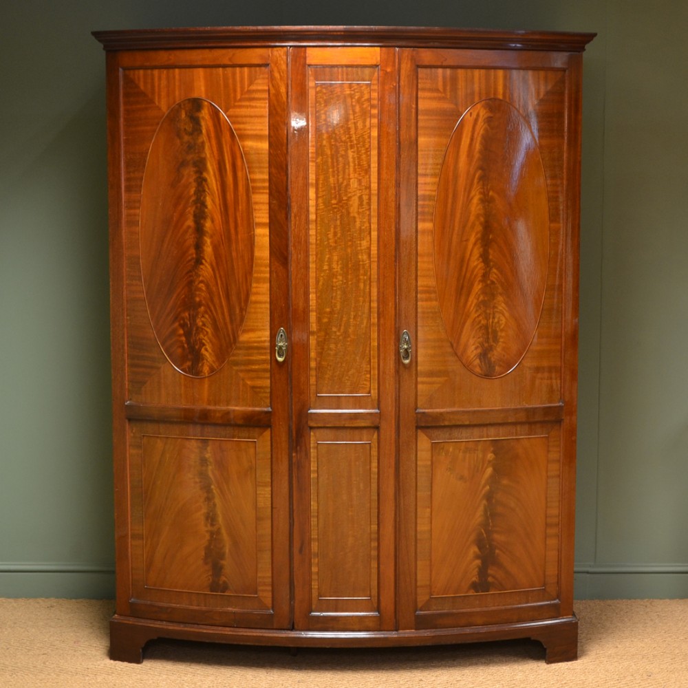 Spectacular Figured Mahogany Bow Fronted Edwardian Antique Double Wardrobe