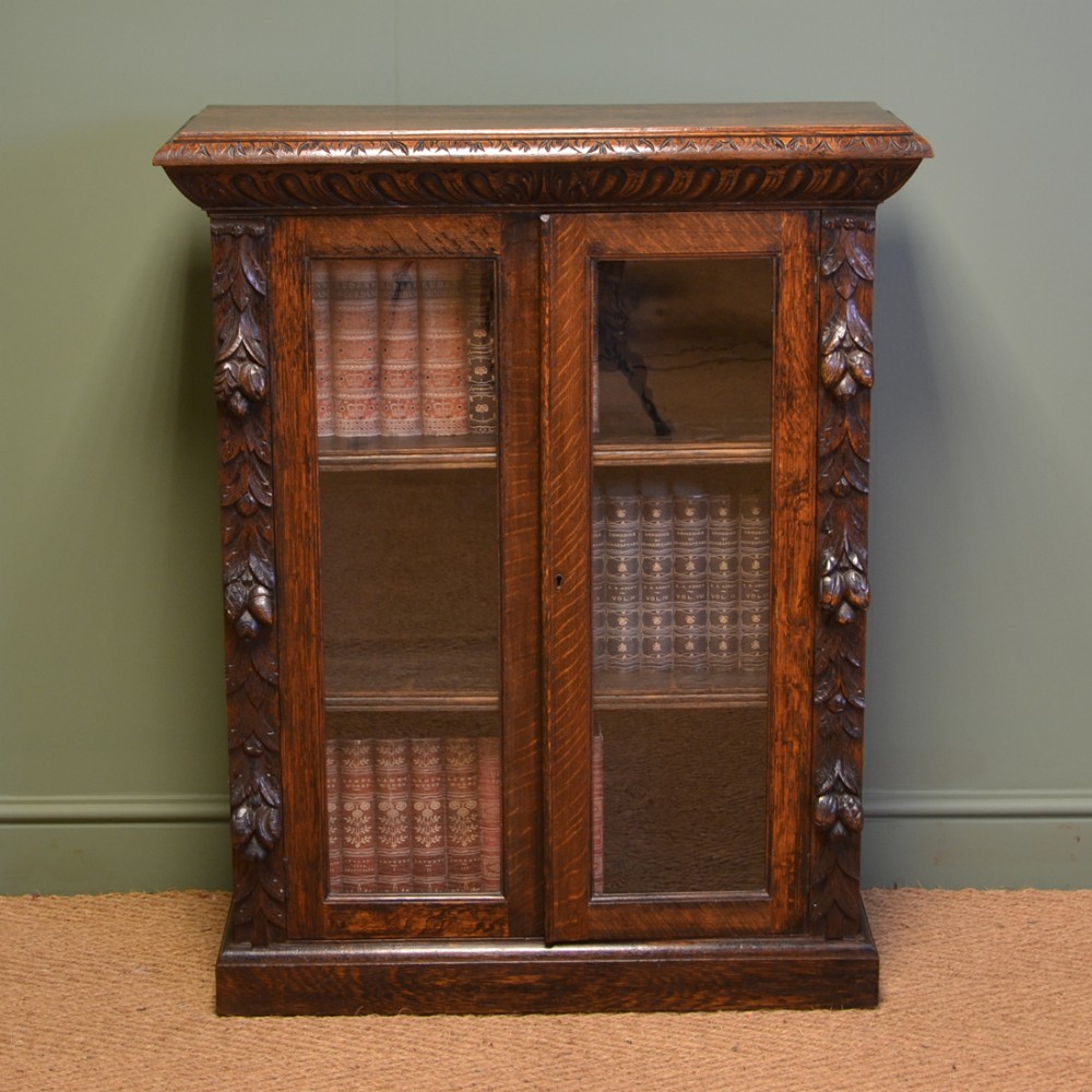 Victorian Carved Oak Antique Glazed Bookcase