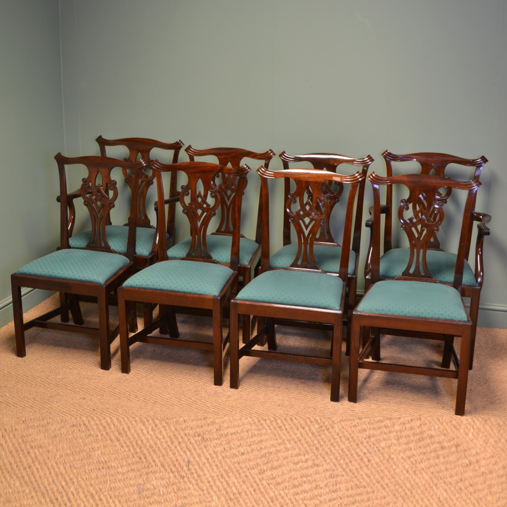 Spectacular Quality Set of Eight Victorian Chippendale Design Antique Dining Chairs