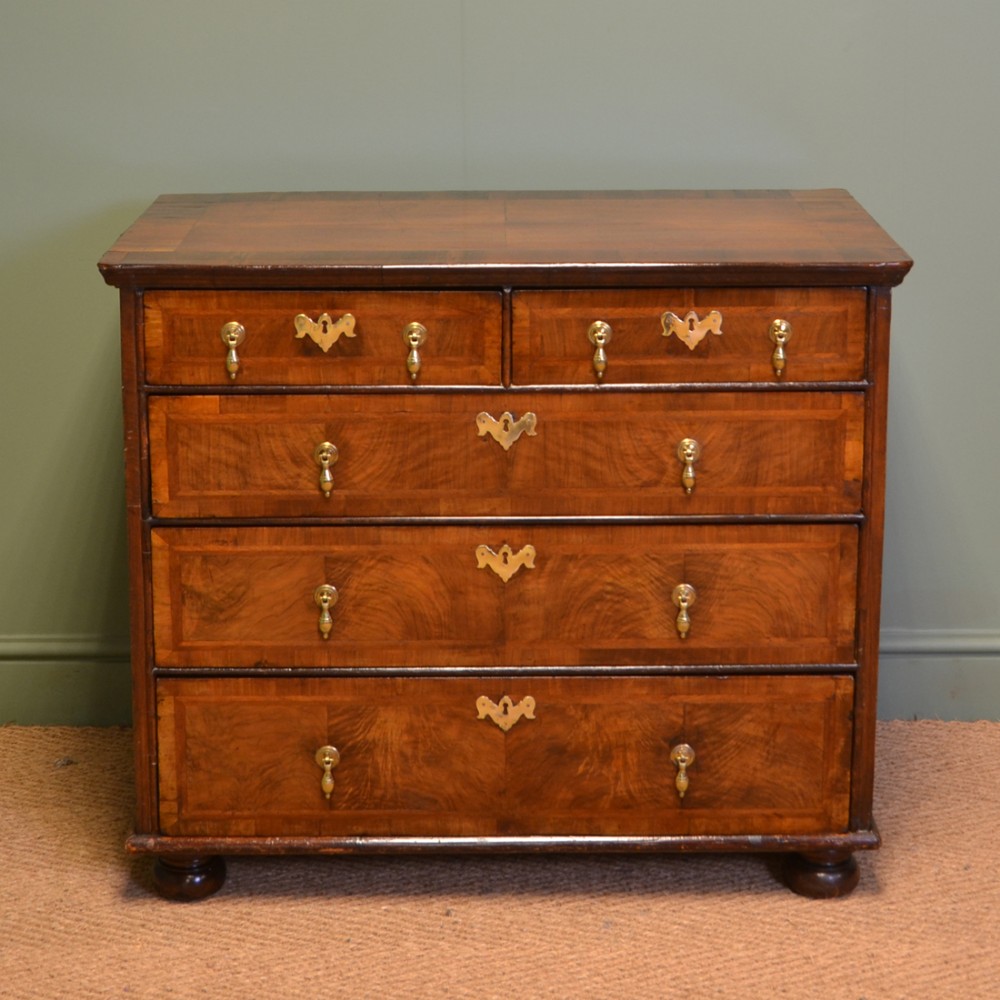 Seventeenth Century Walnut Cross Banded Antique Chest Of Drawers