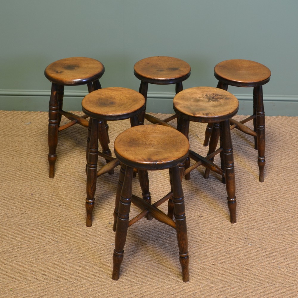 Six Victorian Country Fruitwood Antique Stools
