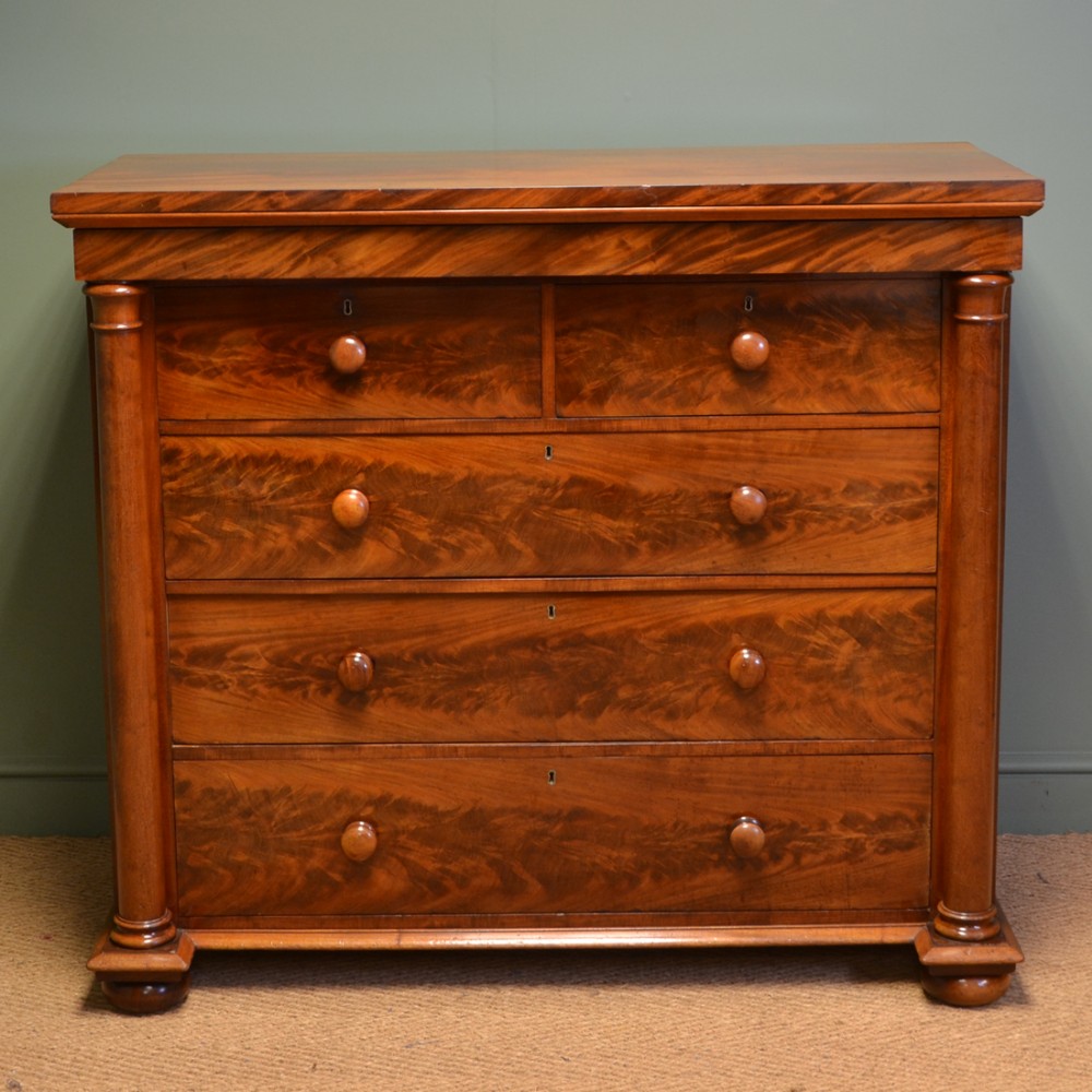 Striking Victorian Figured Flamed Mahogany Antique Scottish Chest Of Drawers