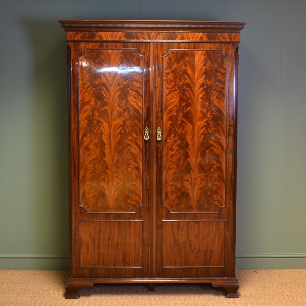Spectacular Edwardian Waring & Gillows Figured Flamed Mahogany Antique Double Wardrobe