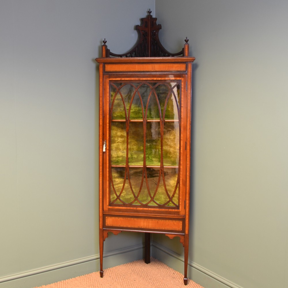 Striking Mahogany and Satinwood Glazed Floor Standing Victorian Antique Corner Cabinet 