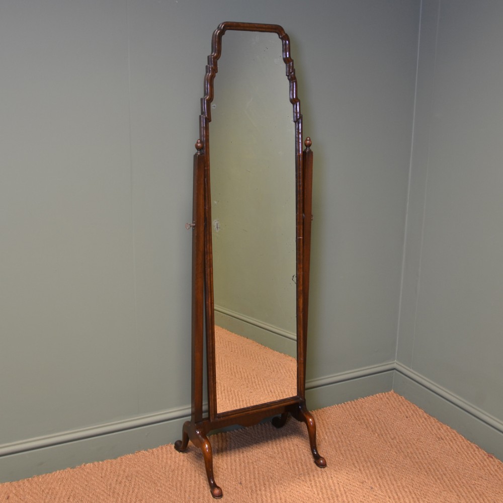 Elegant Antique Art Deco Walnut Cheval Mirror