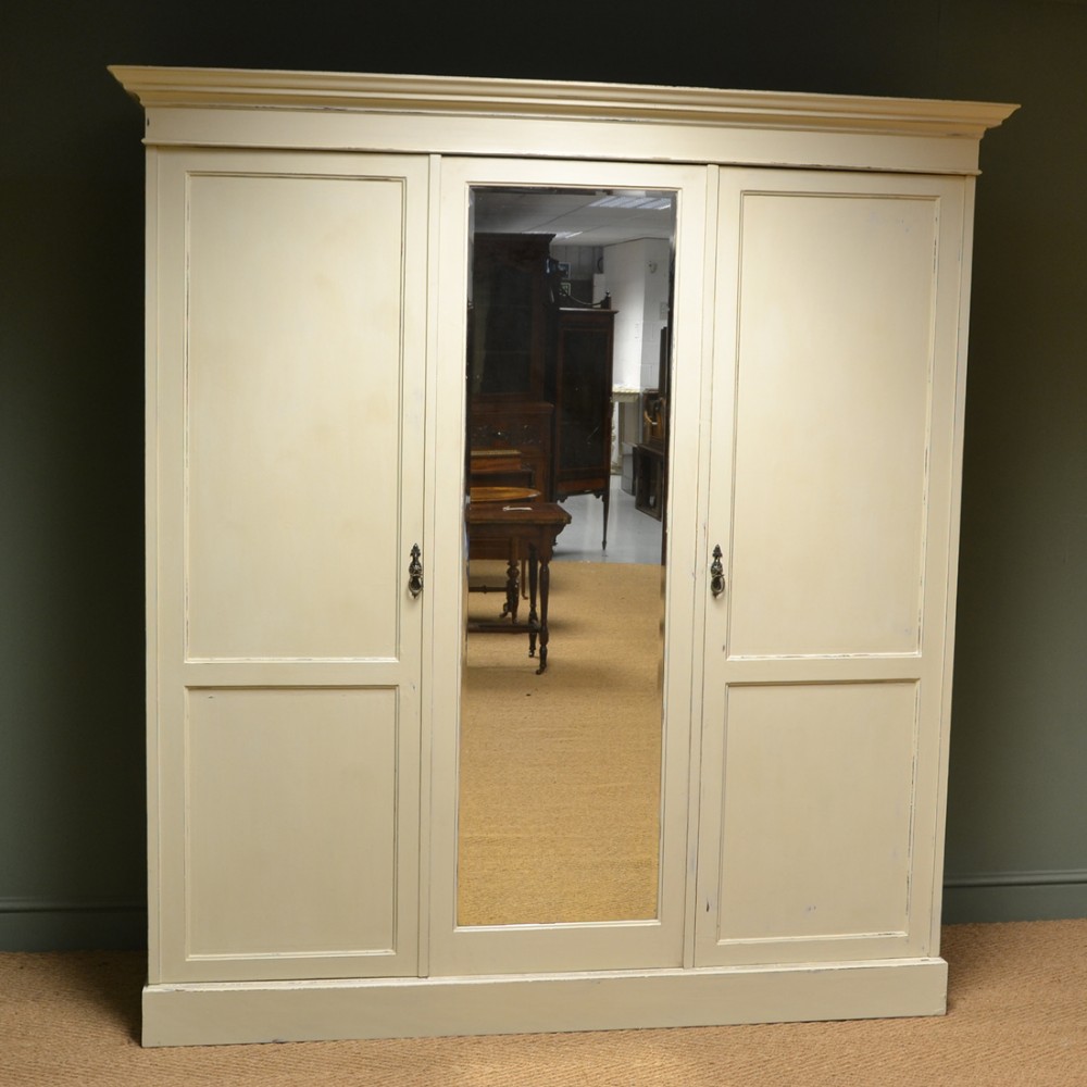 Victorian Painted Country House Antique Triple Wardrobe
