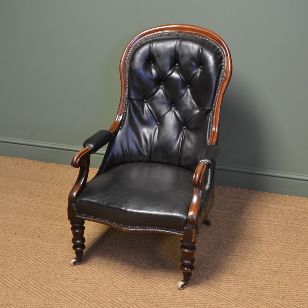 Country House Victorian Leather and Mahogany Button Back Antique Arm Chair