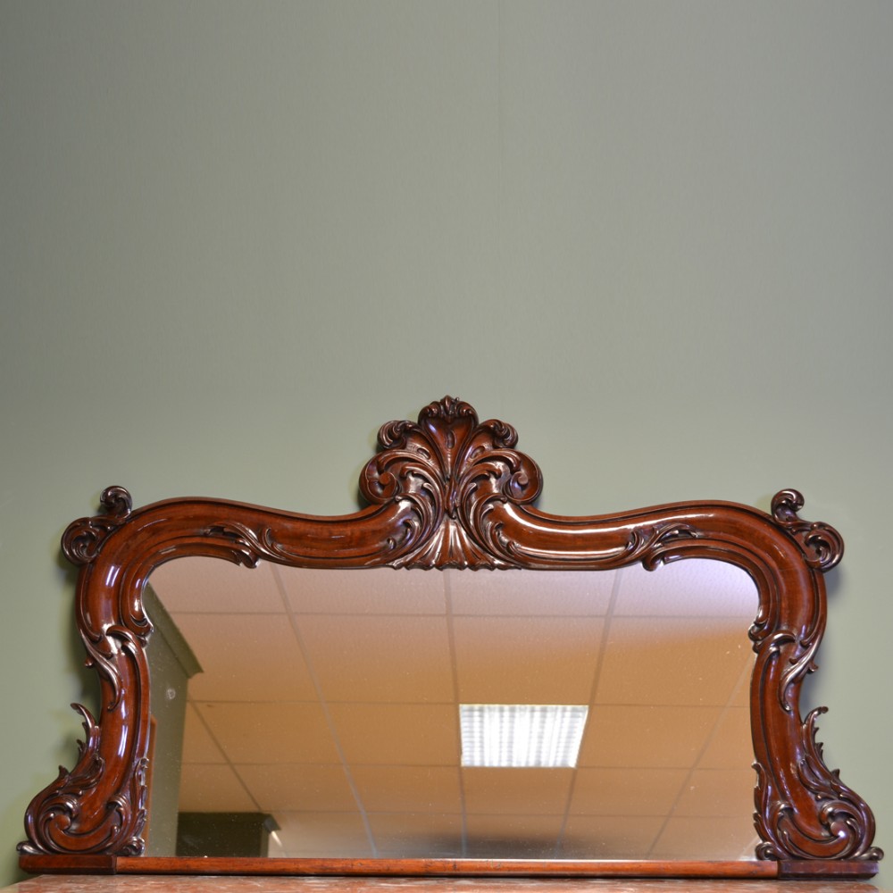 Small Elegant Victorian Antique Mahogany Scrolled Carved Over-Mantle Mirror