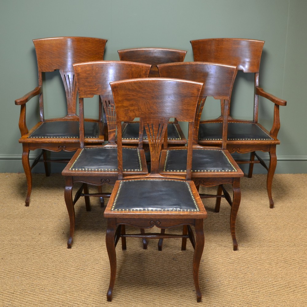 Unusual Set of Six Edwardian Oak Arts & Crafts Antique Dining Chairs