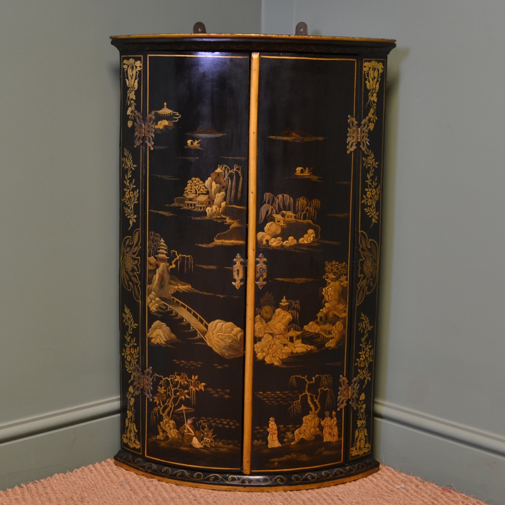 Unusual Bow Fronted Wall Hanging Antique Chinoiserie Corner Cupboard