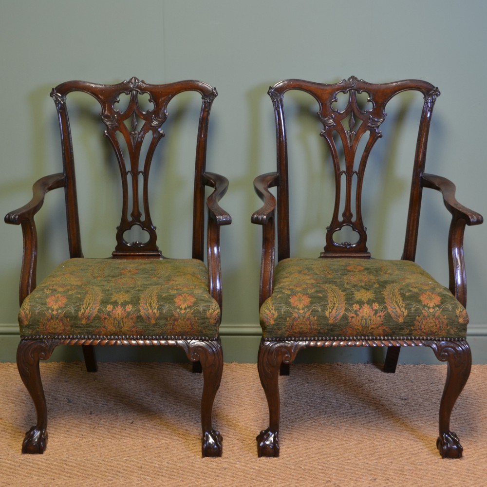 Pair of Edwardian Walnut Antique Chippendale Design Carver Arm Chairs