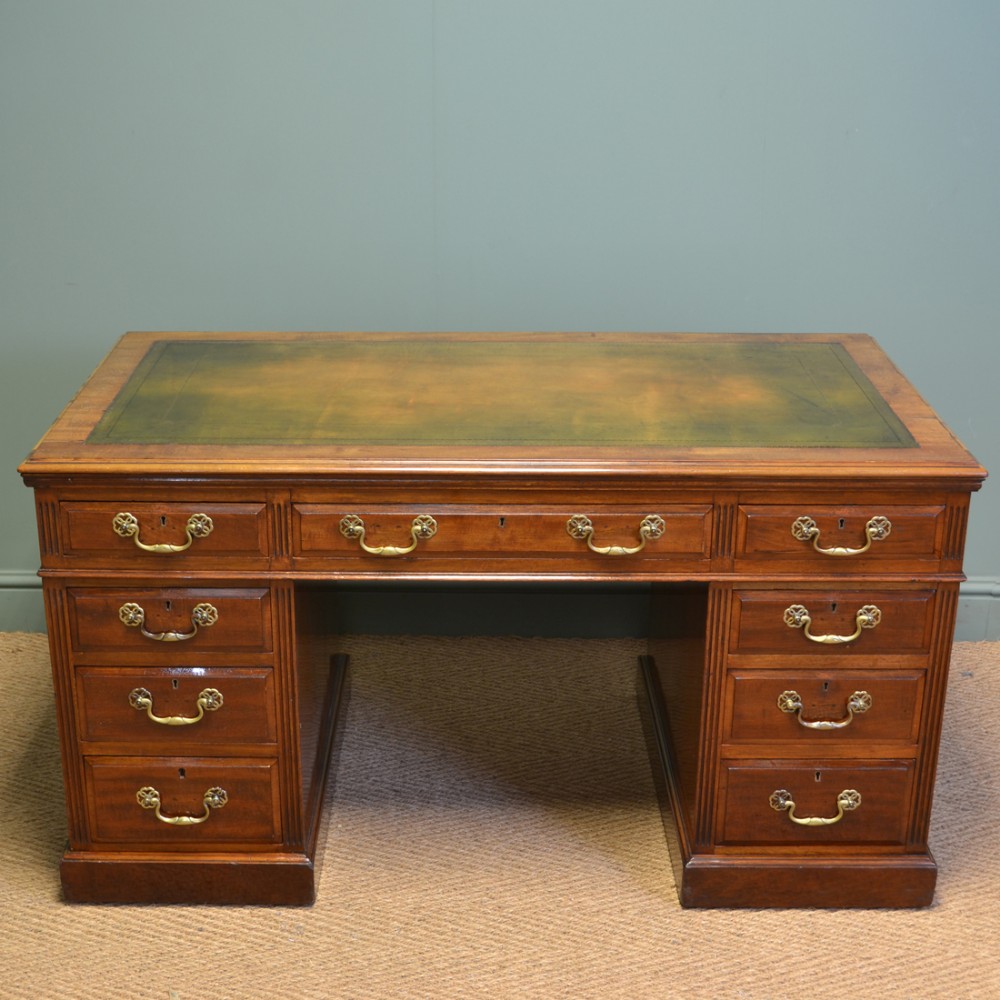 Large Victorian Walnut Antique Pedestal Desk