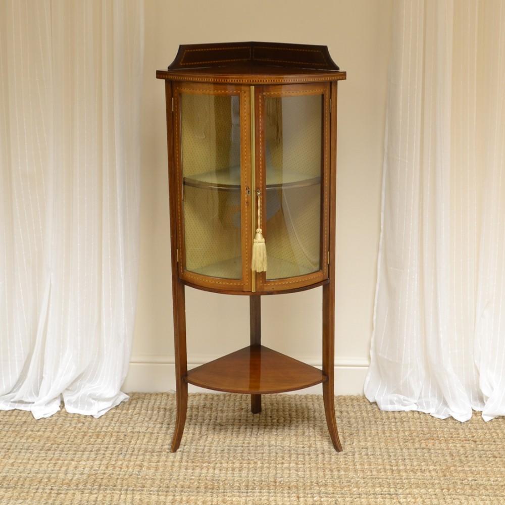 Small Elegant Glazed Edwardian Inlaid Mahogany Antique Corner Cabinet