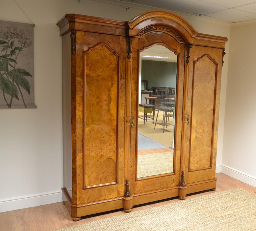 Burr Walnut Victorian Antique Triple Wardrobe