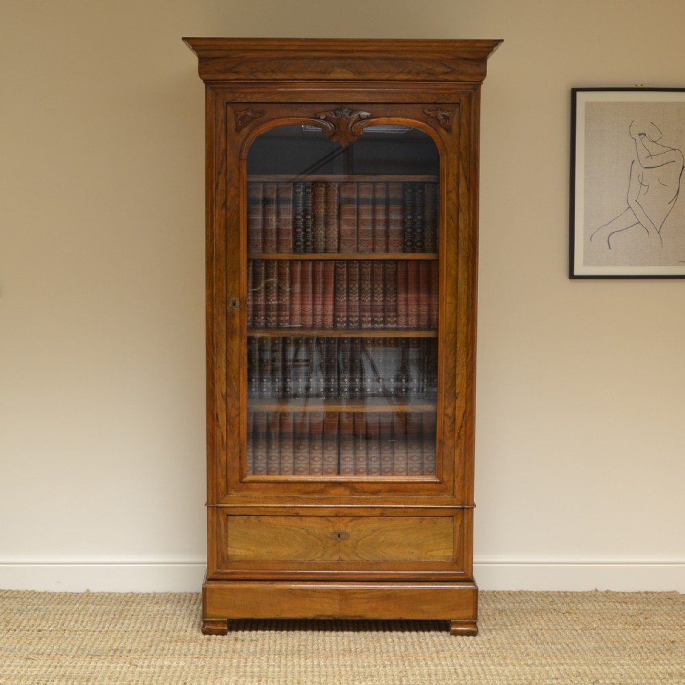 Figured Walnut Antique Glazed Bookcase