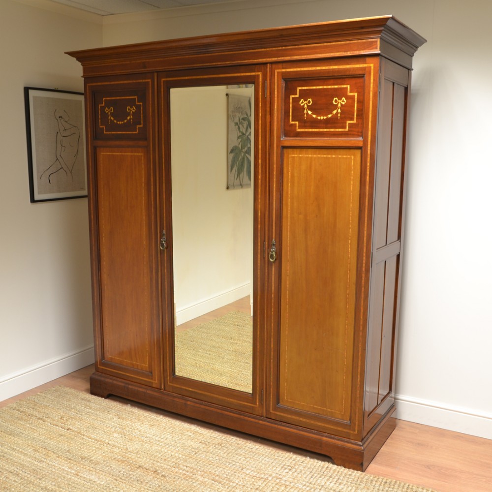 Inlaid Edwardian Mahogany Antique Triple Wardrobe