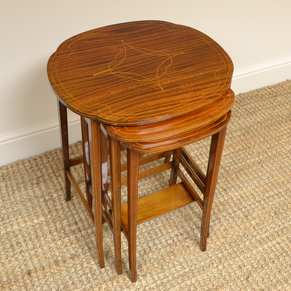 Spectacular Inlaid Mahogany Edwardian Antique Nest of 3 Tables