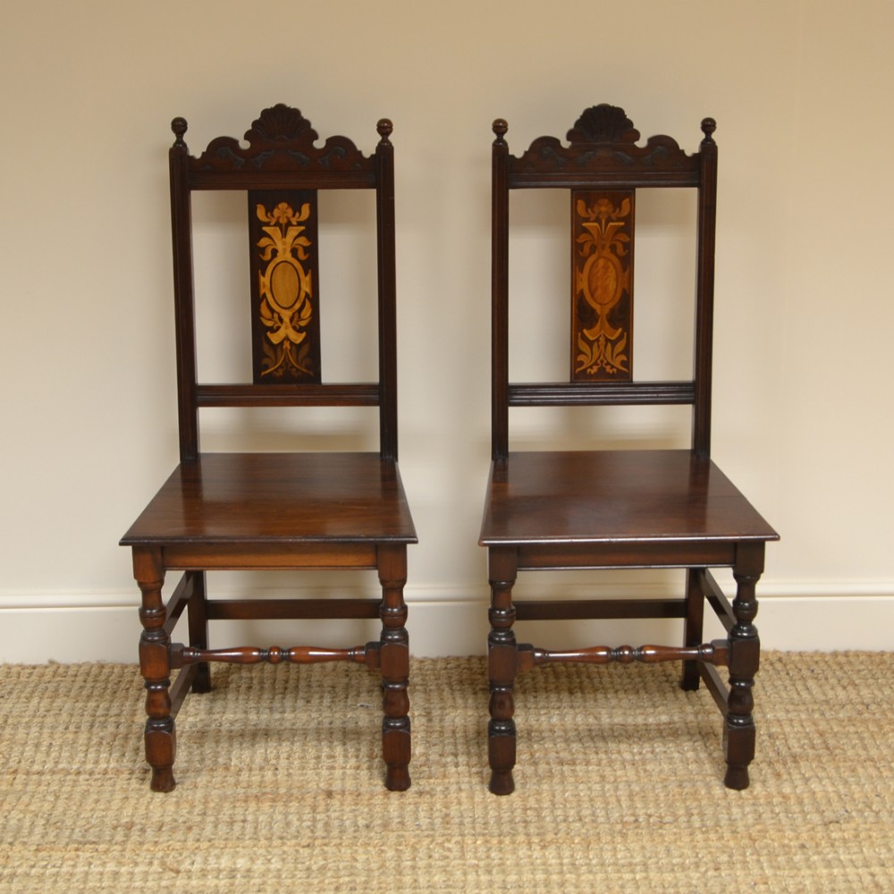 Pair of Victorian Walnut Inlaid Antique Hall Chairs