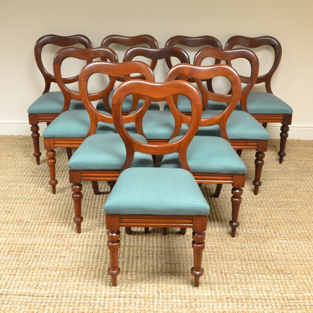 Quality Set of Ten Victorian Mahogany Antique Balloon Back Chairs