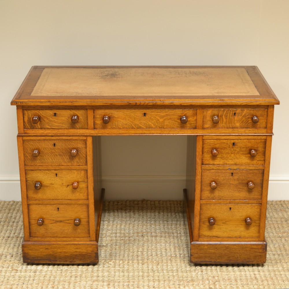 Victorian Golden Oak Antique Pedestal Desk by Druce & Co