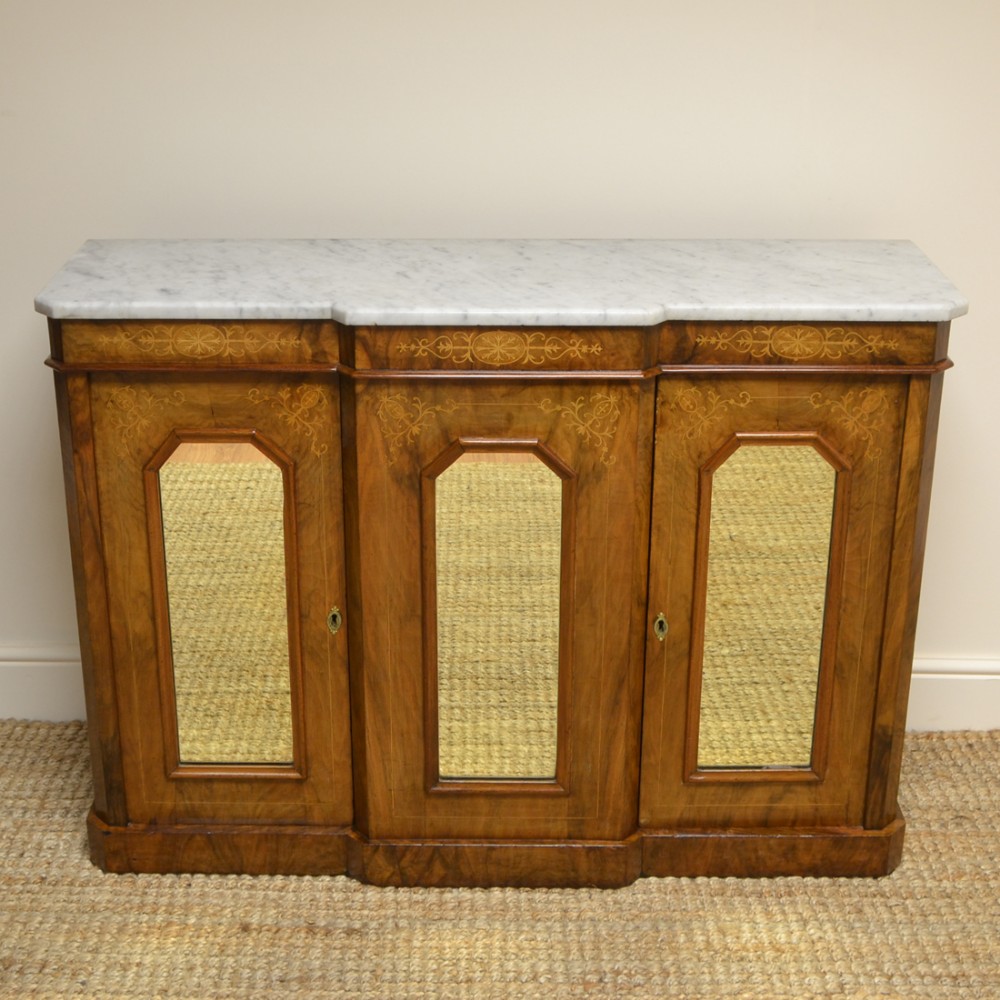 Victorian Inlaid Figured Walnut Antique Break-Fronted Credenza