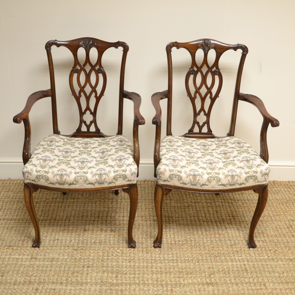 Elegant Pair of Chippendale Design Walnut Antique Carver Armchairs