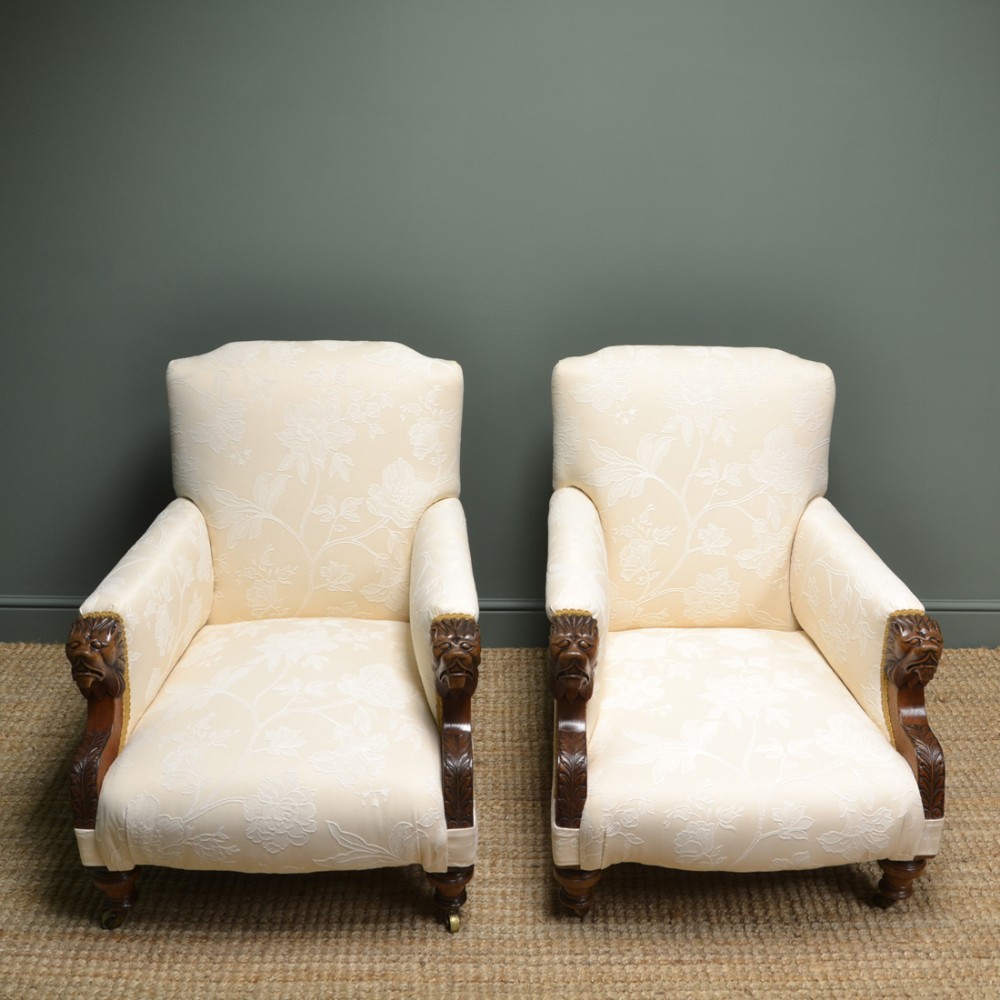 Quality Pair of Upholstered Victorian Antique Arm Chairs