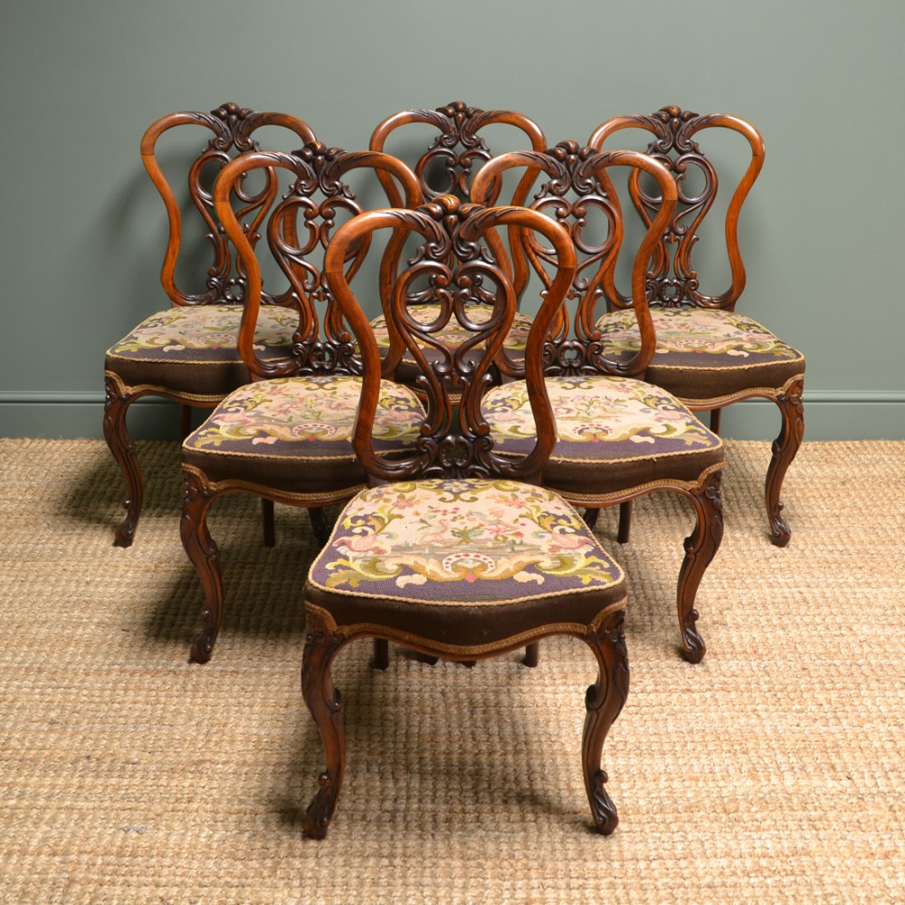 Set of Six Country House Walnut Antique Dining Chairs