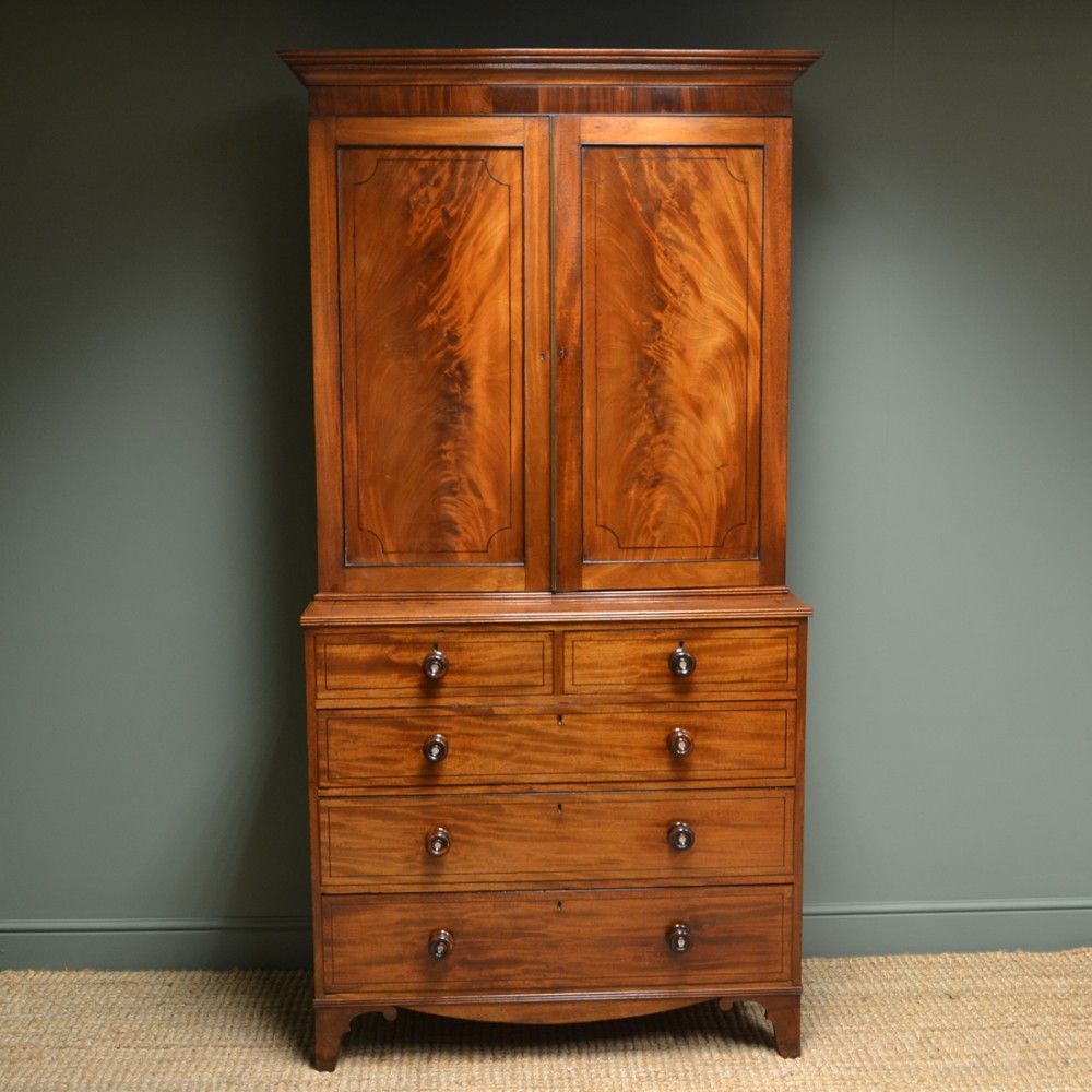 Georgian Figured Mahogany Antique Cupboard on Chest