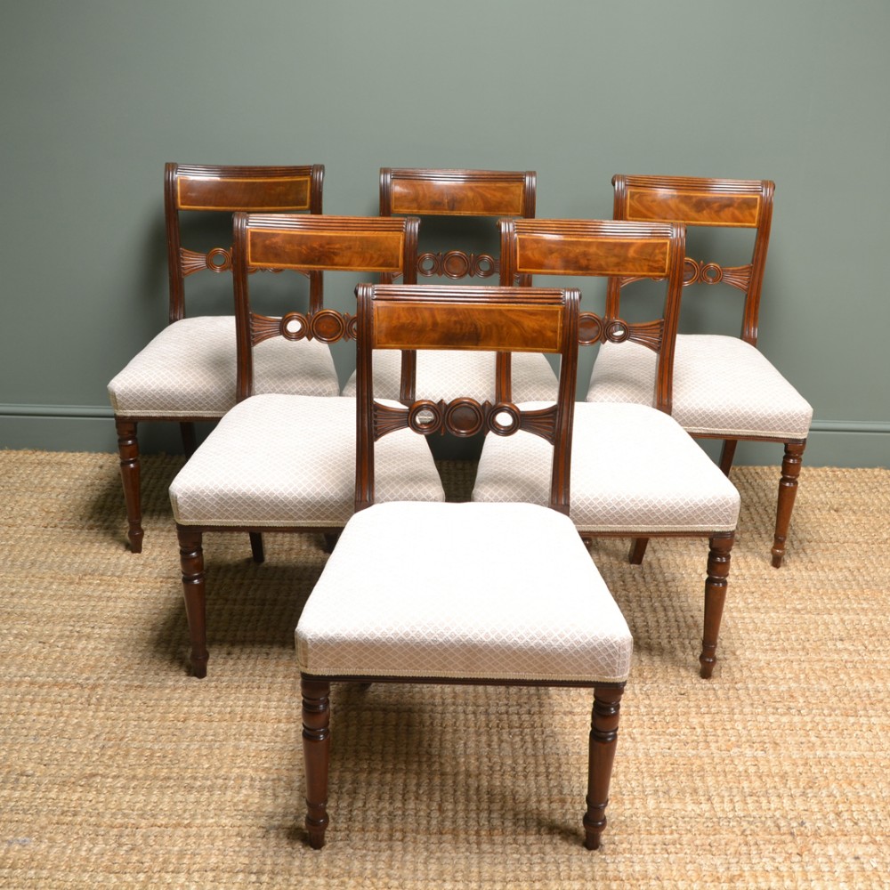 Stunning Set of Six Regency Inlaid Mahogany Antique Dining Chairs