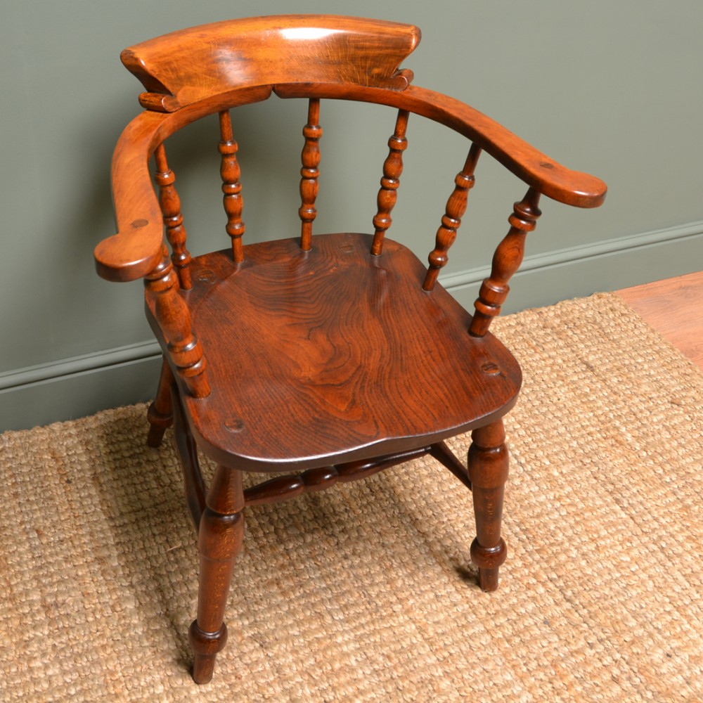 Victorian Figured Elm Smokers Bow Antique Carver Chair