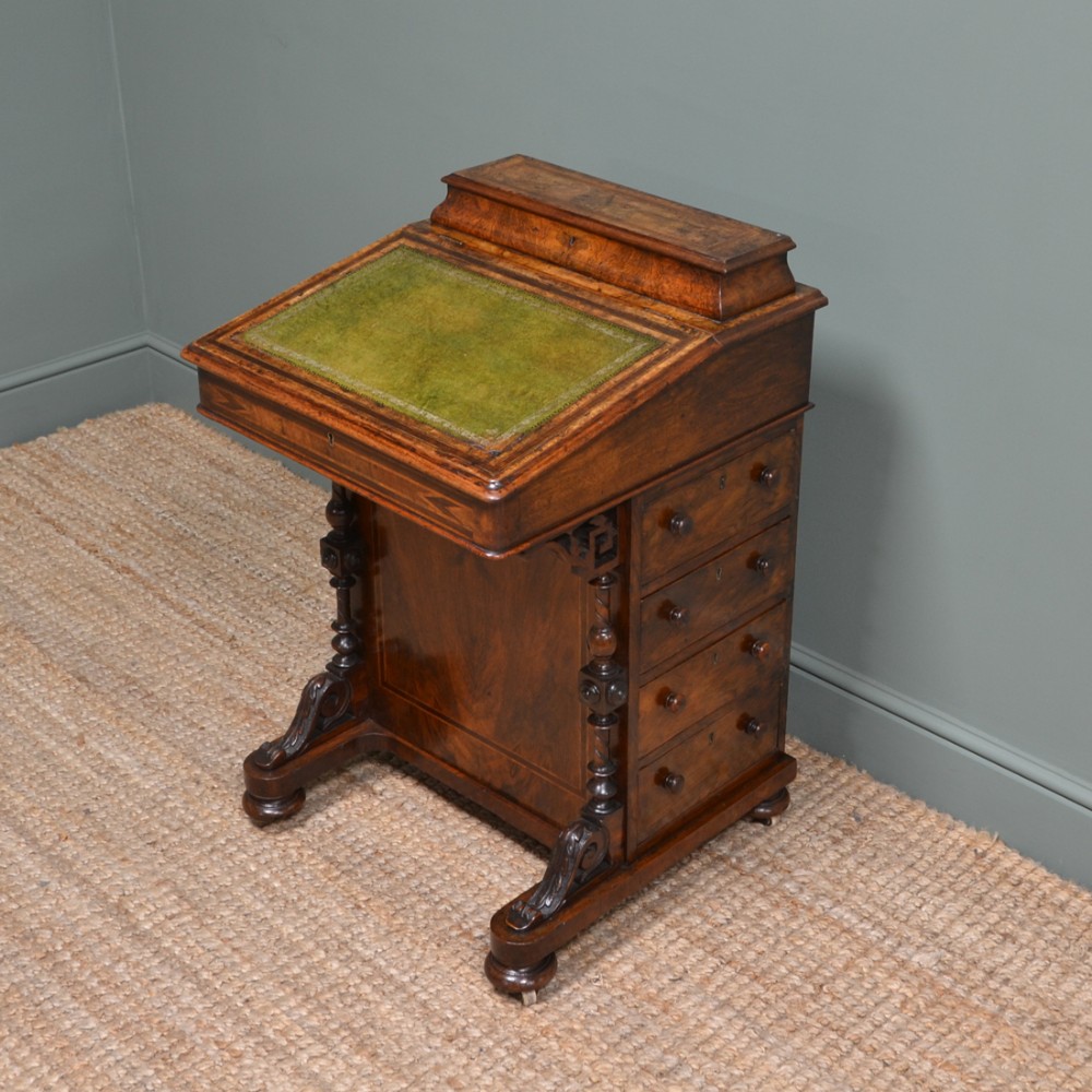 Country House Victorian Figured Walnut Antique Davenport