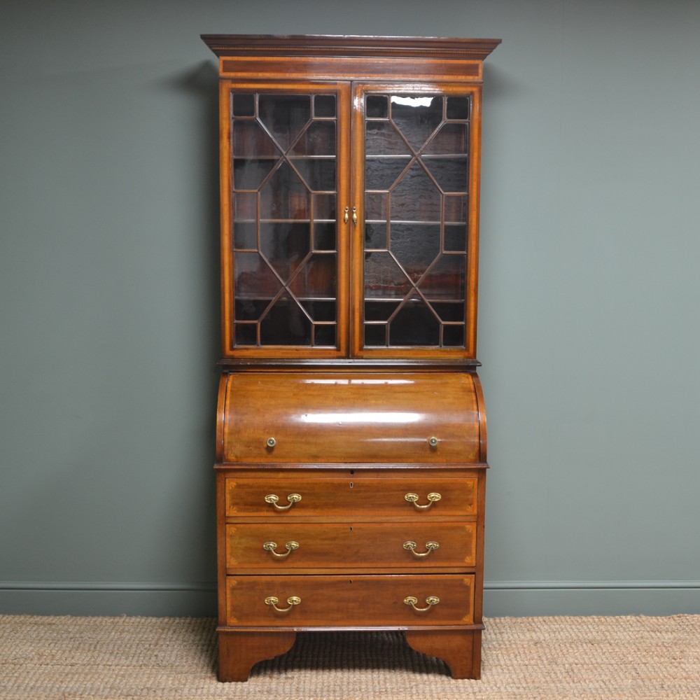 Stunning Edwardian Inlaid Mahogany Antique Cylinder Bookcase