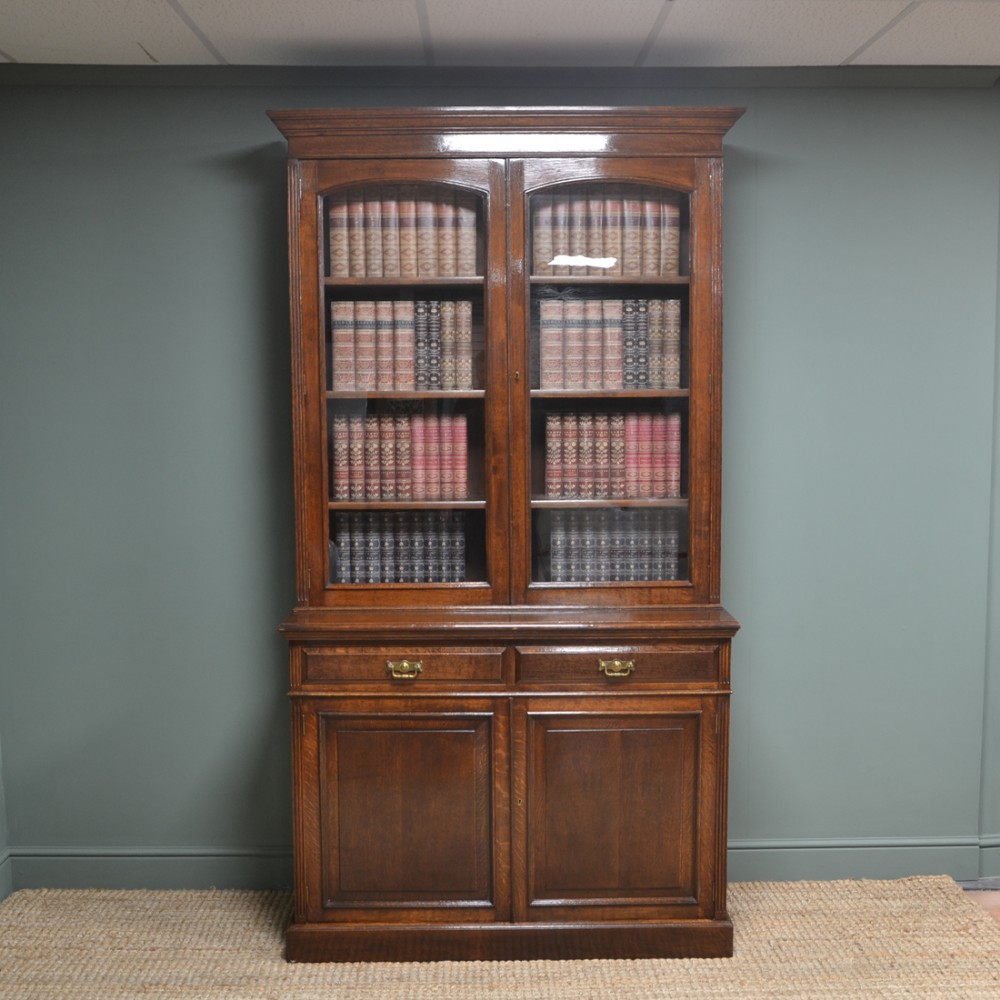 Quality Solid Oak Victorian Antique Bookcase on Cupboard