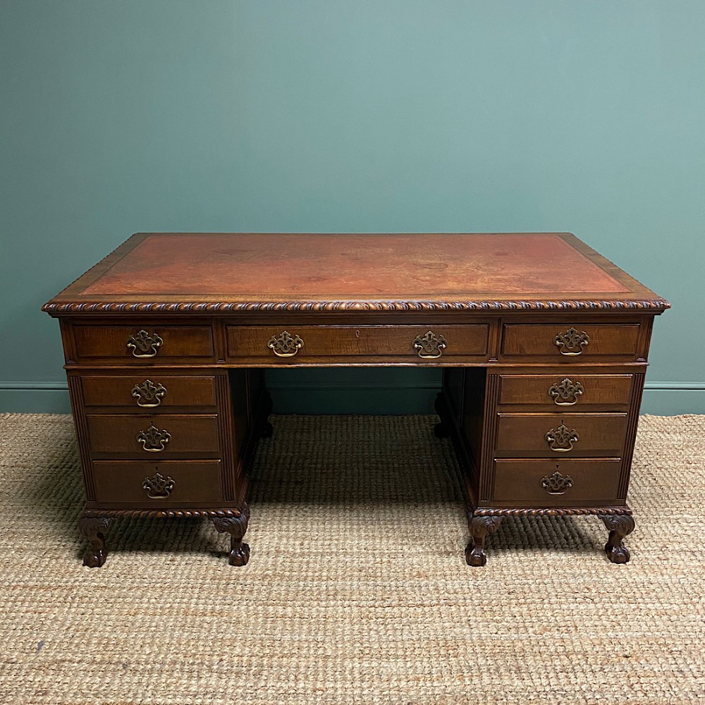 Large Quality Edwardian Antique Mahogany Pedestal Desk