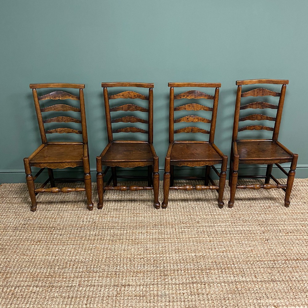 Set of 4 Antique Georgian Ash and Elm Ladder-Back Chairs