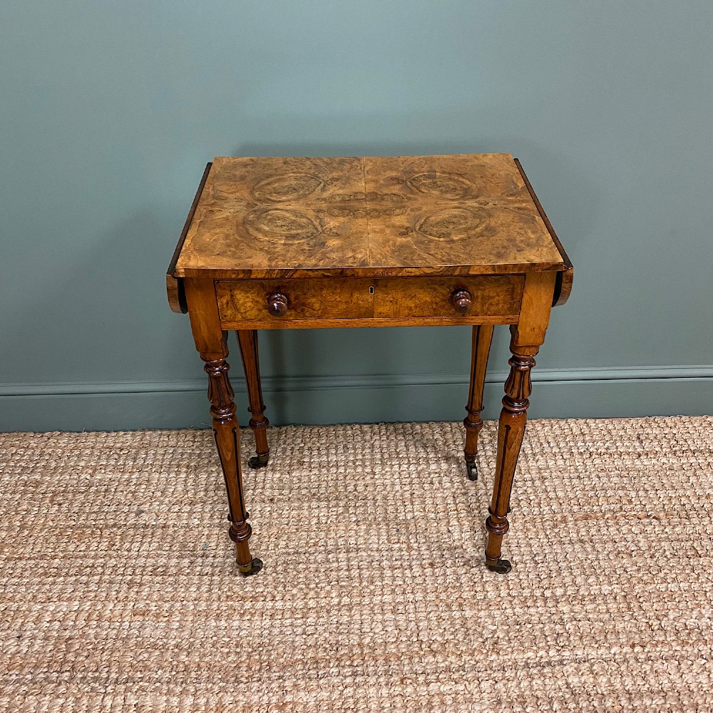 Remarkable Figured Walnut Small Drop Leaf Antique Victorian Sofa Table