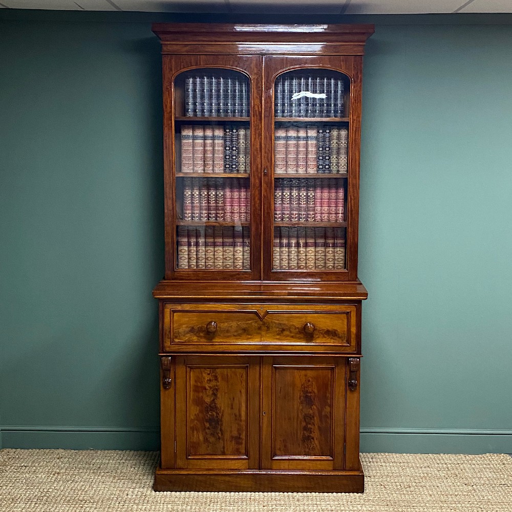 Superb Quality Victorian Mahogany Antique Glazed Secretaire Bookcase On Cupboard