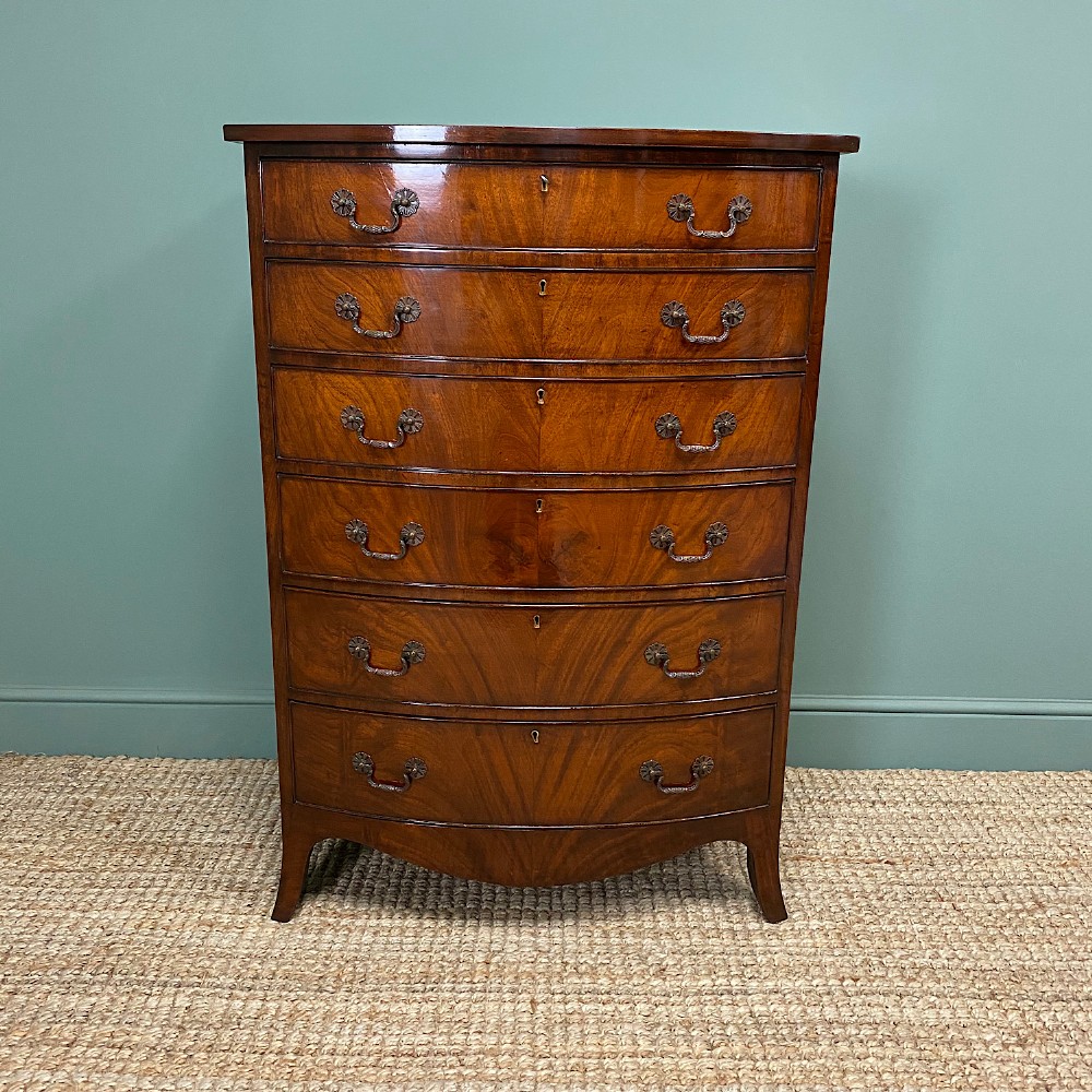 Superb Quality Antique Edwardian Bow Fronted Slim Tall Chest Of Drawers
