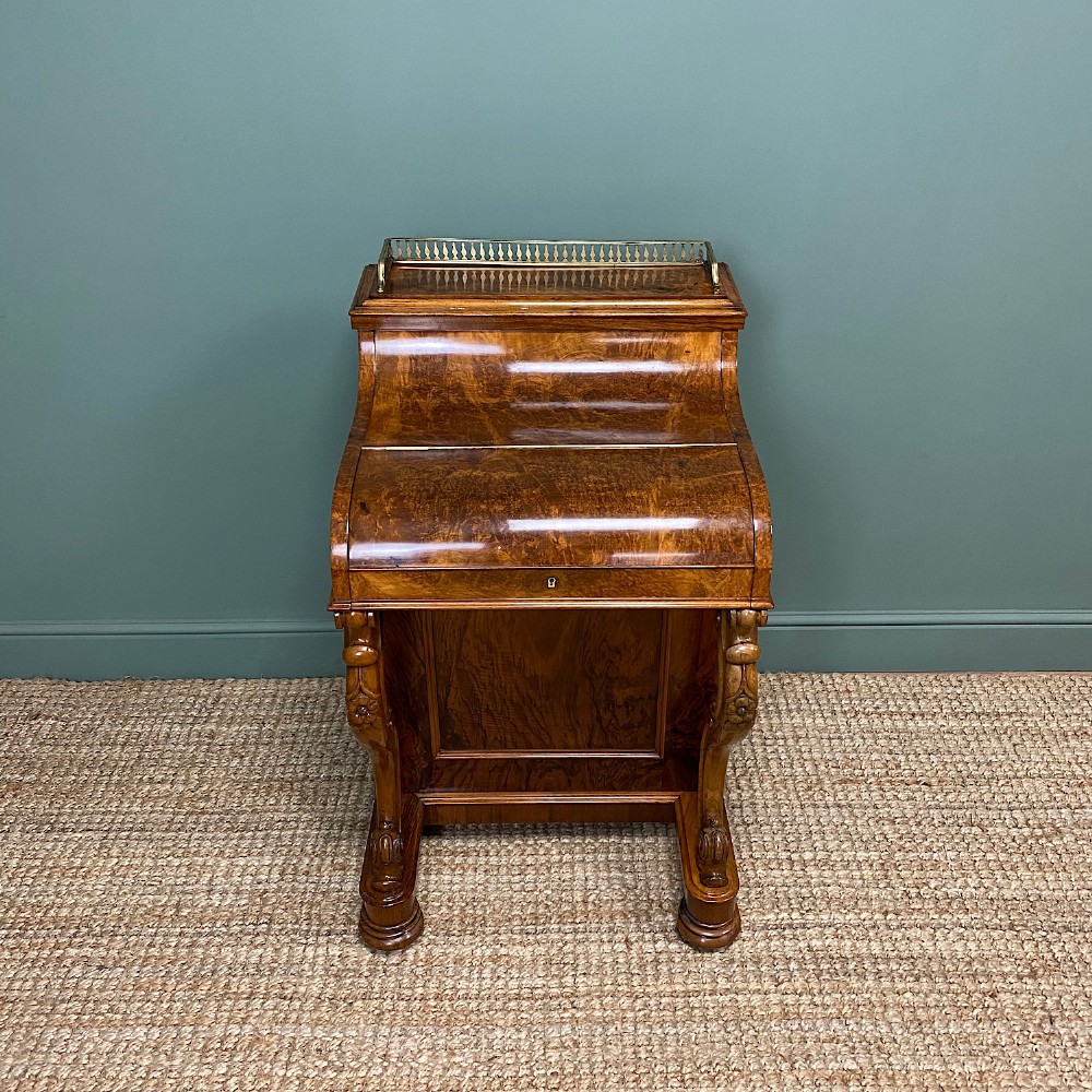 Sensational Victorian Burr Walnut Piano Top Antique Davenport Desk