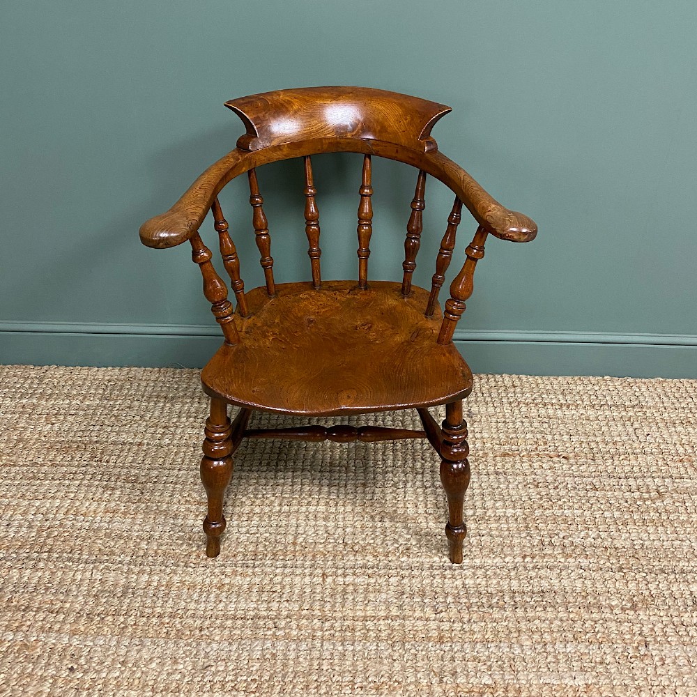 Spectacular Figured Elm Early Victorian Antique Smokers Bow Arm Chair