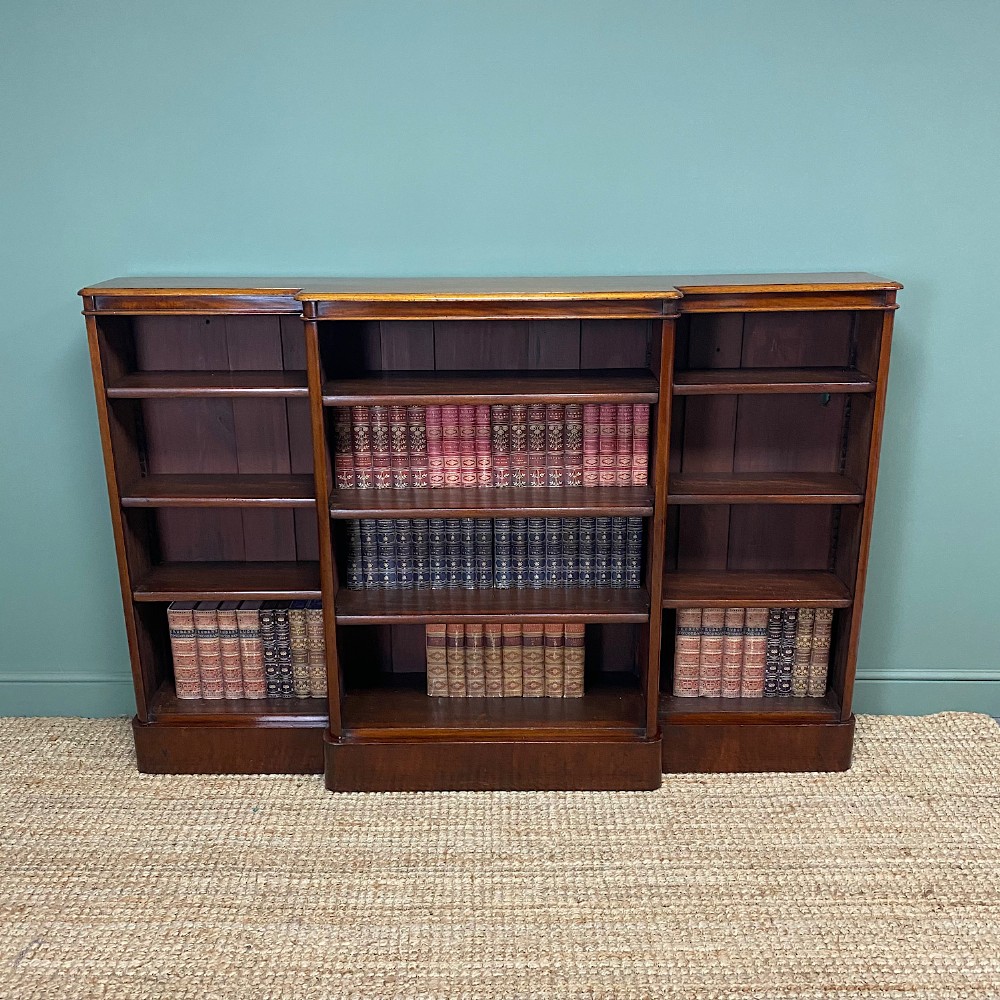 Spectacular Victorian Figured Mahogany Antique Breakfront Open Bookcase