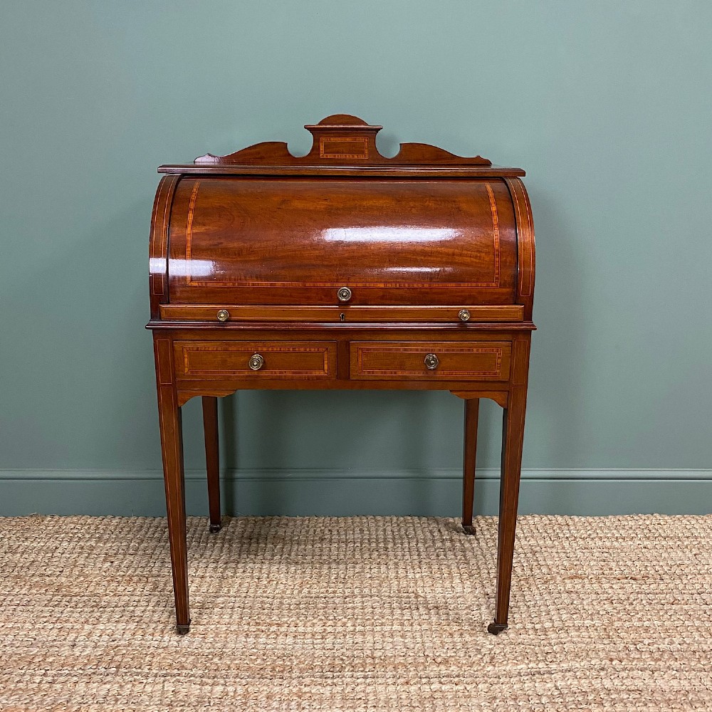 Fine Edwardian Inlaid Mahogany Antique Cylinder Desk