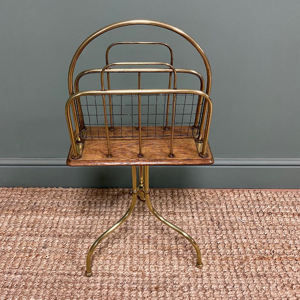 Antique Edwardian Brass & Oak Revolving Book Stand
