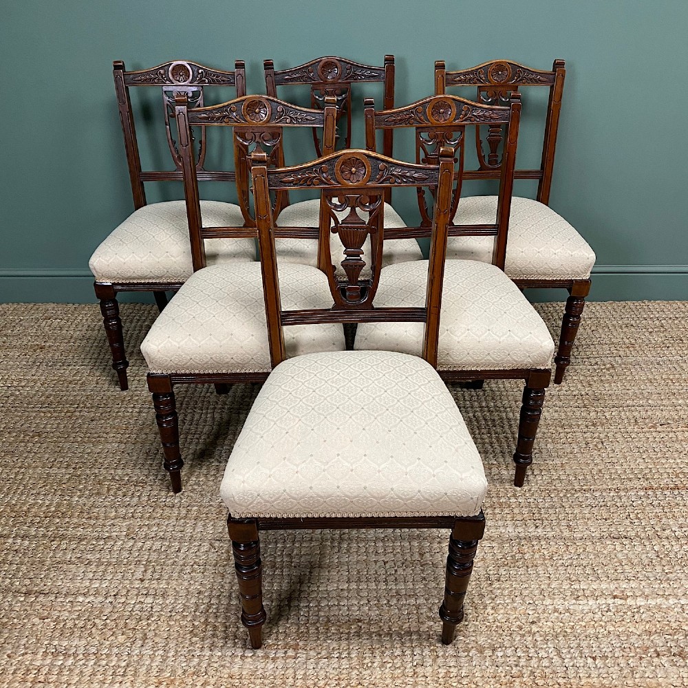 Set of Six Edwardian Walnut Antique Dining Chairs