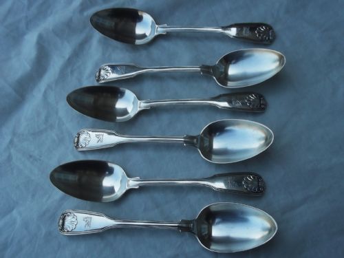 1818 stunning set of 6 paul storr fiddle thread and shell tablespoons 570g - CATEGORY: ANTIQUE SILVER - DATED GEORGIAN